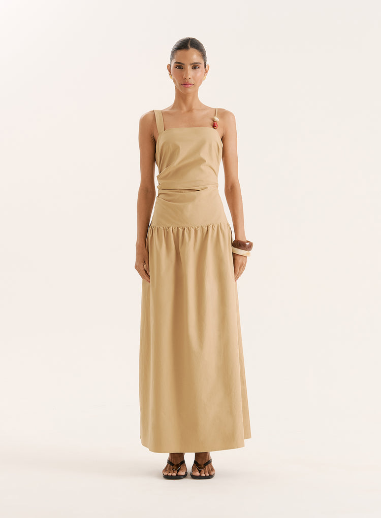 Camel Bead Detail Strap Drop Waist Maxi Dress- Antonia