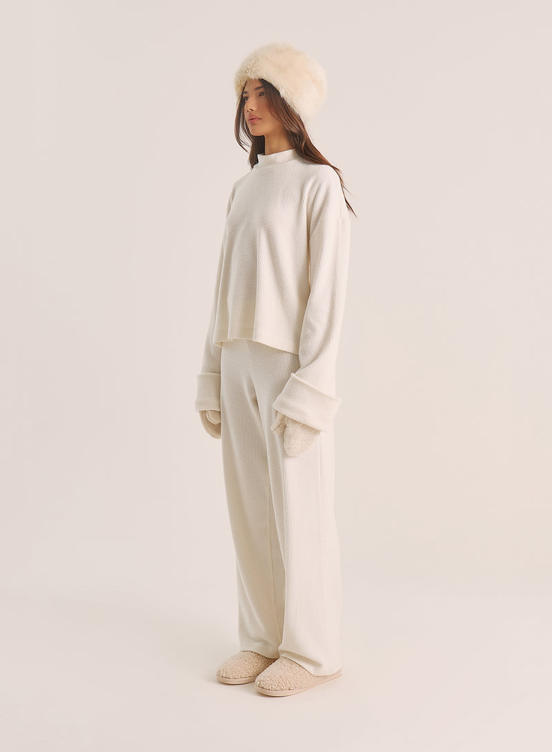 Ecru Foldover Waist Wide Leg Jersey Trousers