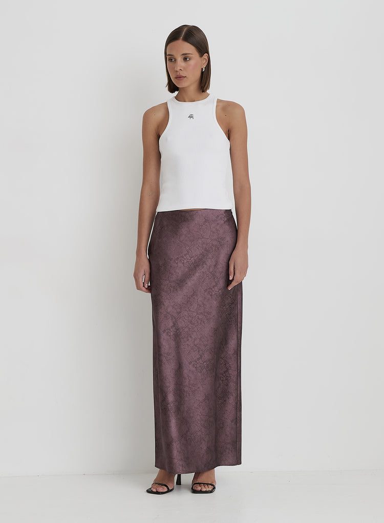 Plum Printed Satin Maxi Skirt- Novah