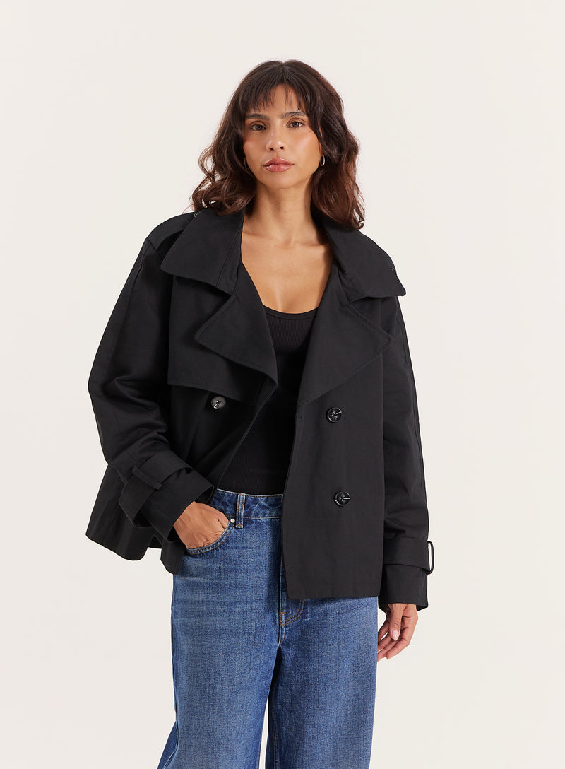 Black Cropped Oversized Trench Coat- Harlia