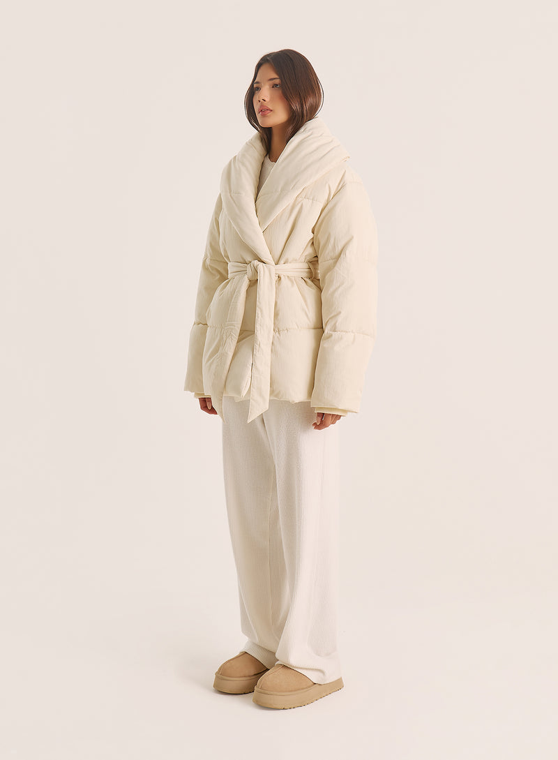 Cream Wrap Waist Belted Puffer Coat