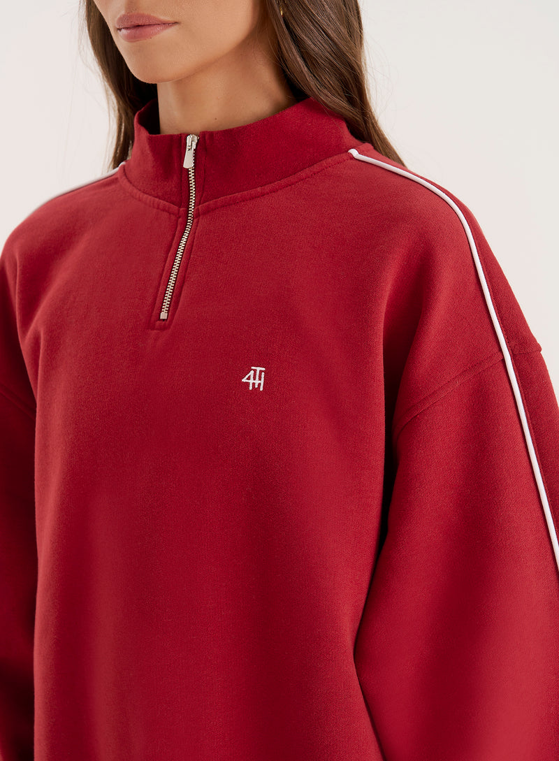 Red Branded Half Zip Cropped Sweatshirt- Gilly