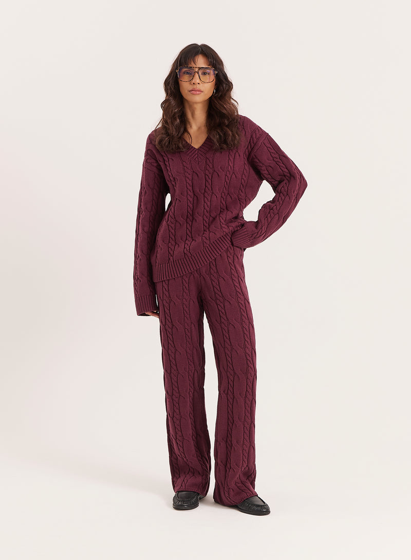 Burgundy Cable Knitted Trousers- Jordan