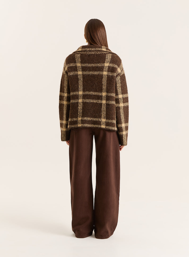 Chocolate Checked Knitted Zip Jacket- Samira