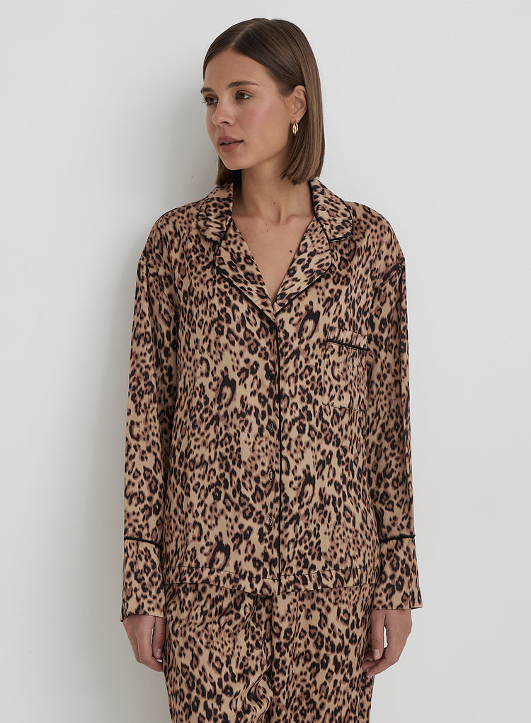 Leopard Print Satin Pyjama Shirt- Holly