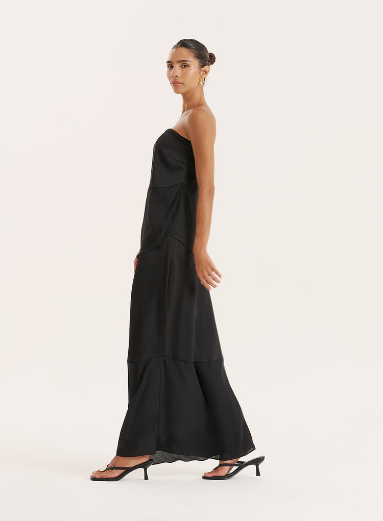 Black Satin And Chiffon Maxi Skirt- Marcia