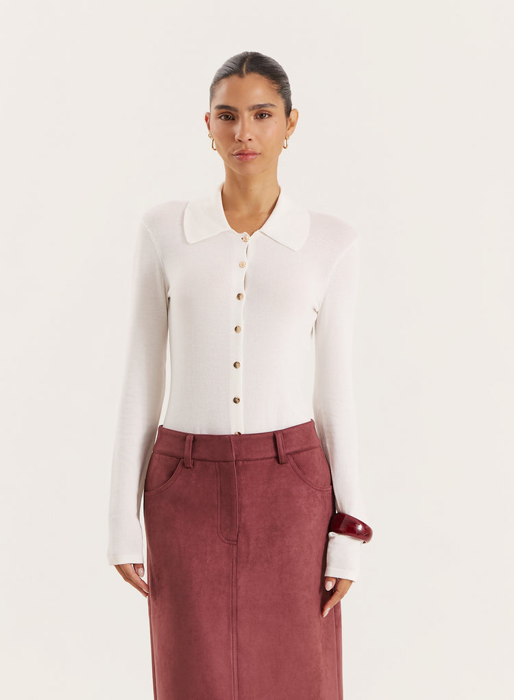 Off White Lightweight Knitted Button Down Top- Joely