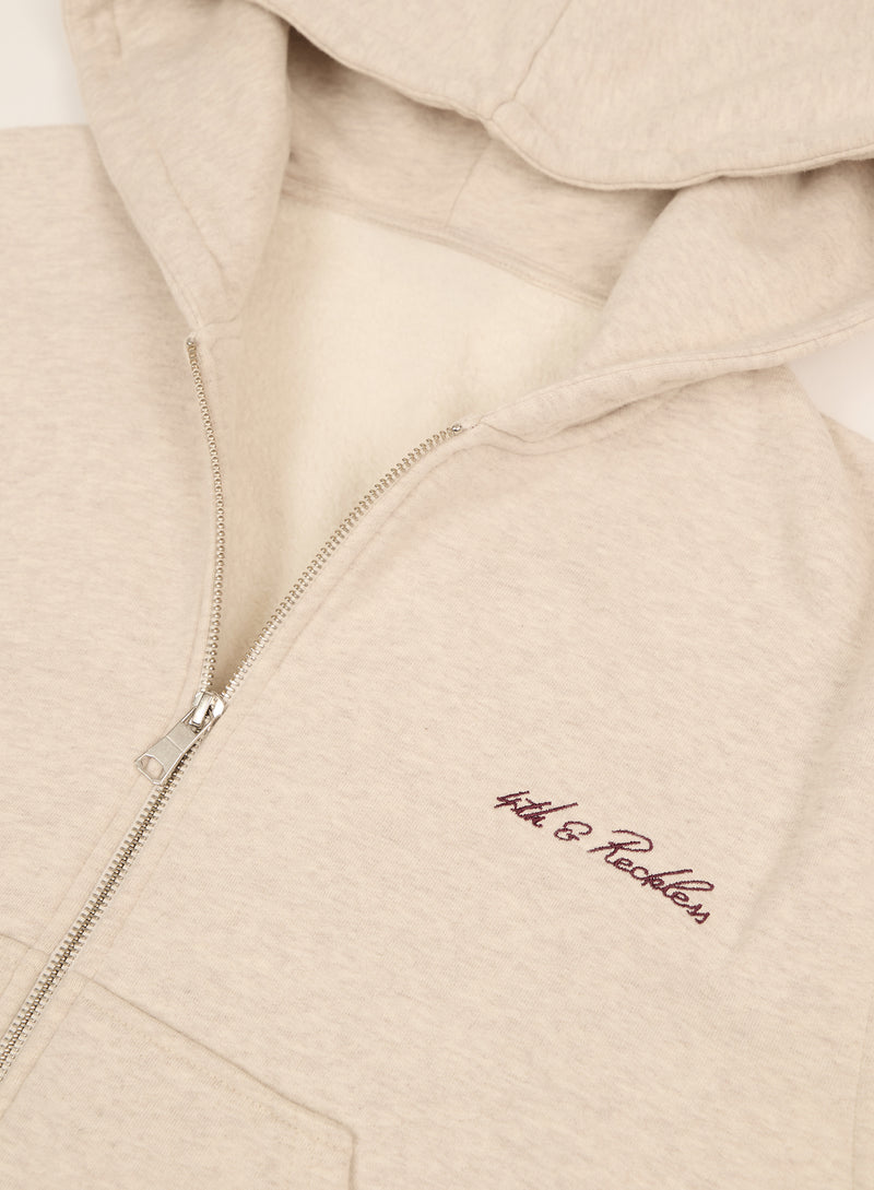 Oatmeal Script Logo Detail Zip Hoodie