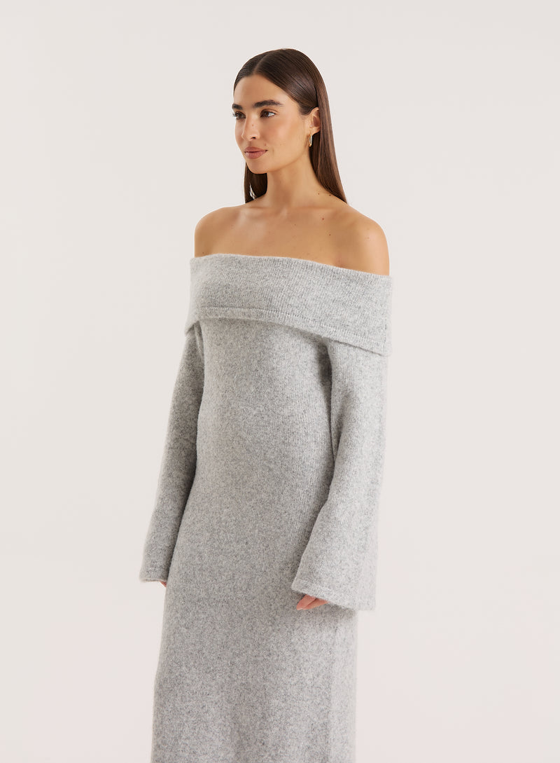 Grey Off Shoulder Knitted Maxi Dress- Sable