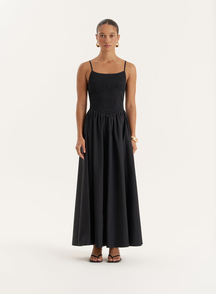 Black Shirred Cotton Maxi Dress- Milano