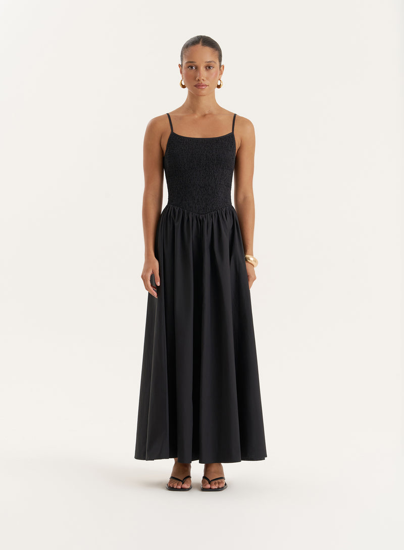 Black Shirred Cotton Maxi Dress- Milano