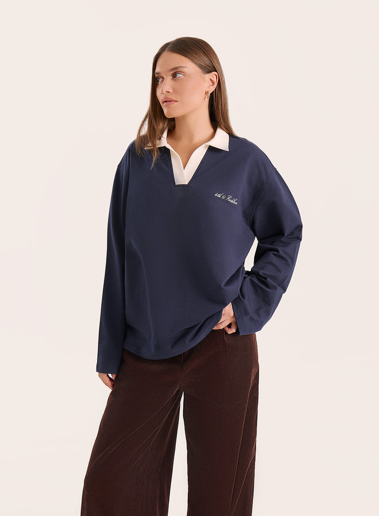 Navy Branded Contrast Collar Rugby Shirt