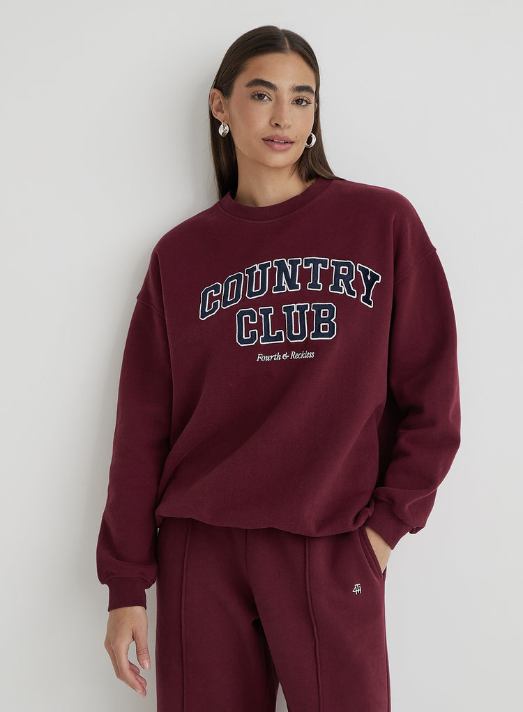 Burgundy Country Club Slogan Oversized Sweatshirt- Charli