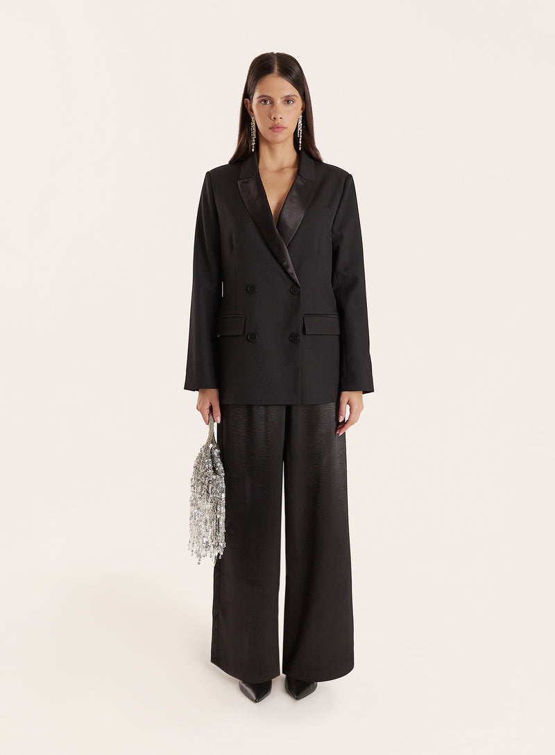 Black Pleated Waistband Wide Leg Satin Trousers- Francoise