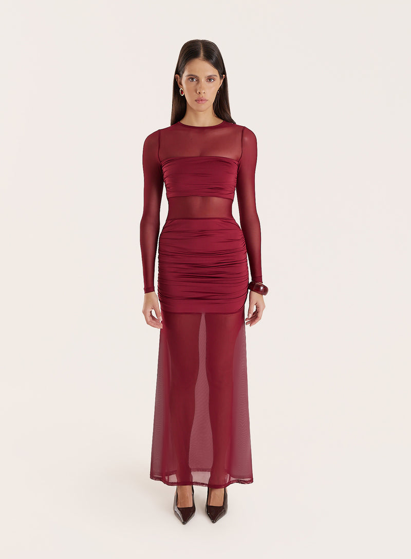 Burgundy Jersey And Mesh Mix Long Sleeved Maxi Dress- Sadie