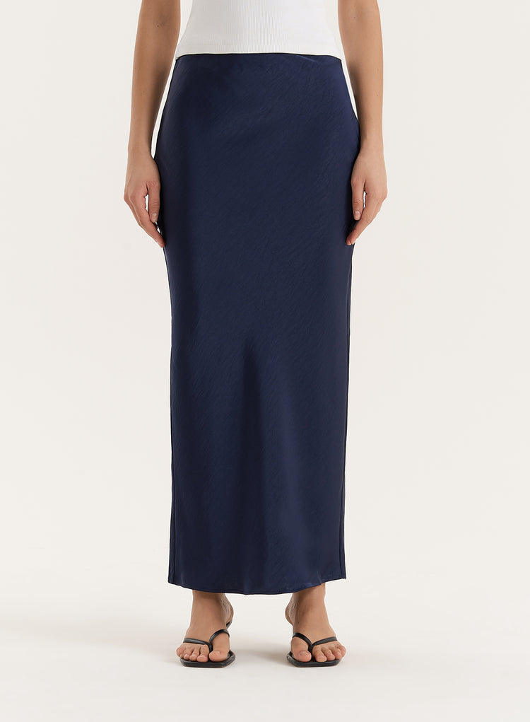 Navy Satin Maxi Skirt- Novah