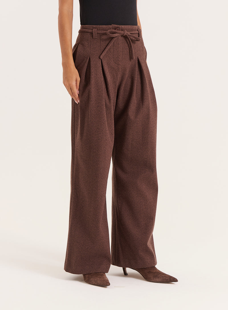 Chocolate Herringbone Tie Belt Wide Leg Trousers - Luca