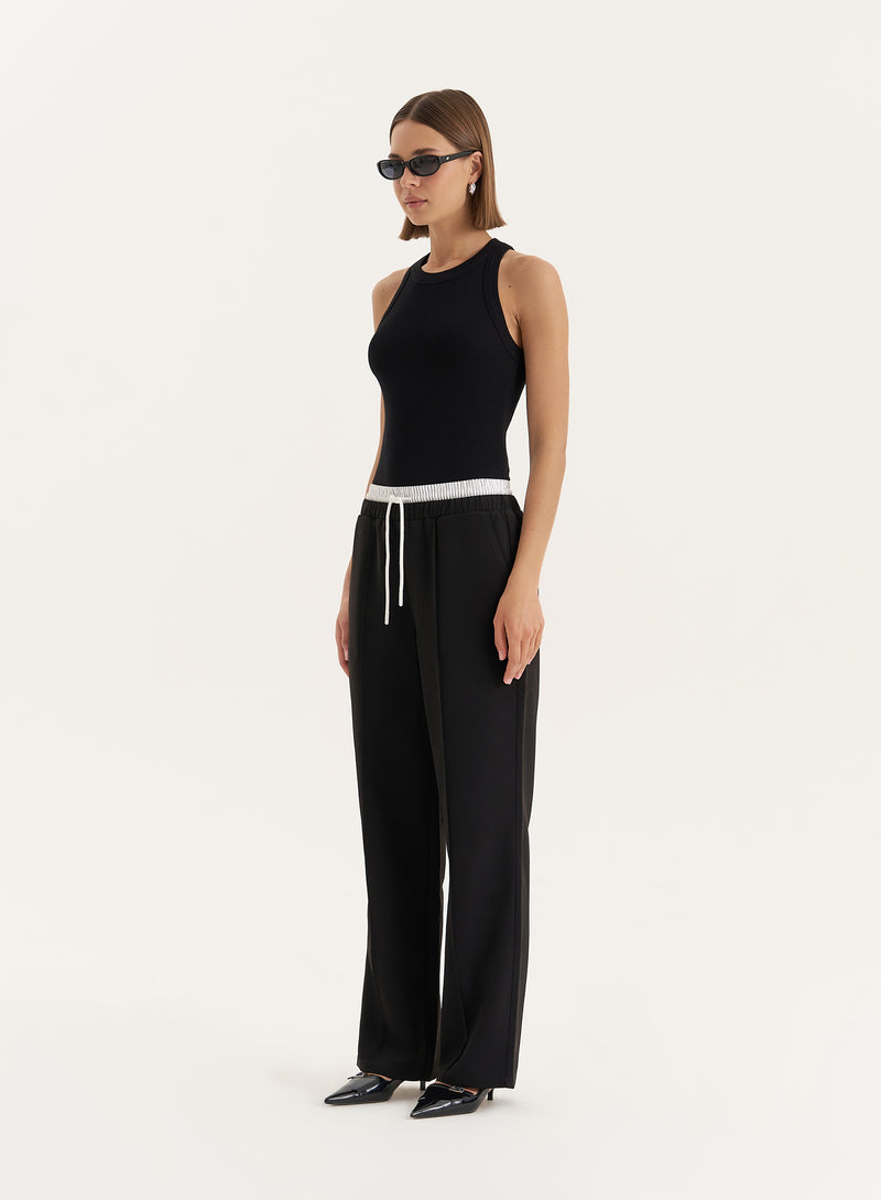 Black Contrast Waistband Straight Leg Trouser- Bianca