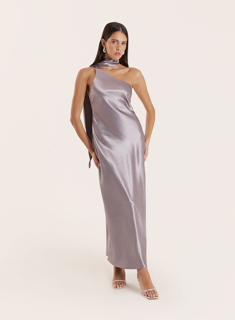 Silver Satin One Shoulder Scarf Neck Maxi Dress- Ellen