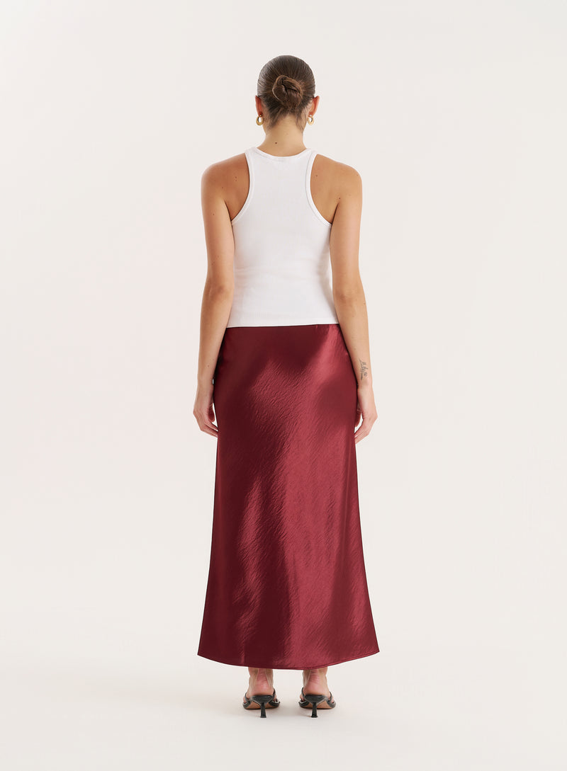 Burgundy Satin Maxi Skirt- Novah