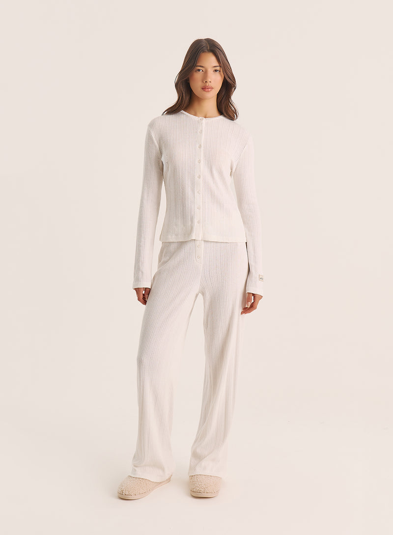 Ecru Pointelle Long Sleeve Buttoned Top