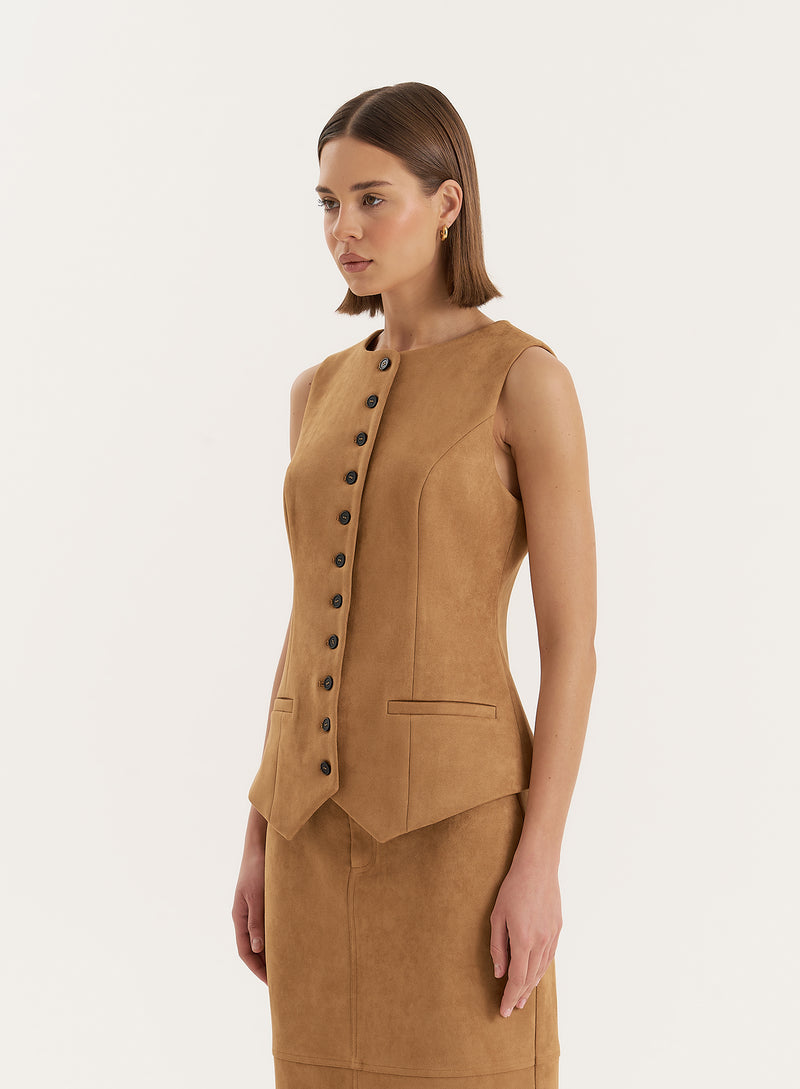 Tan Faux Suede Tailored Waistcoat- Briella