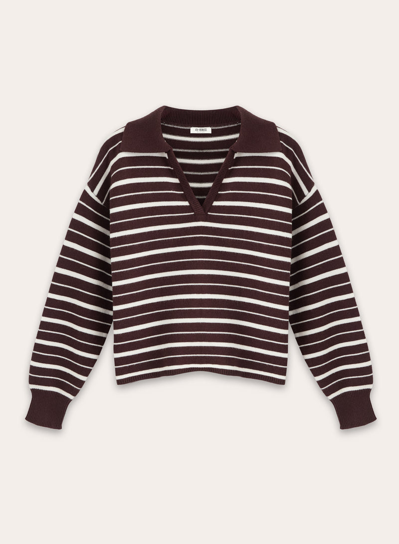 Brown And White Stripe Knitted Rugby Top- Hayden