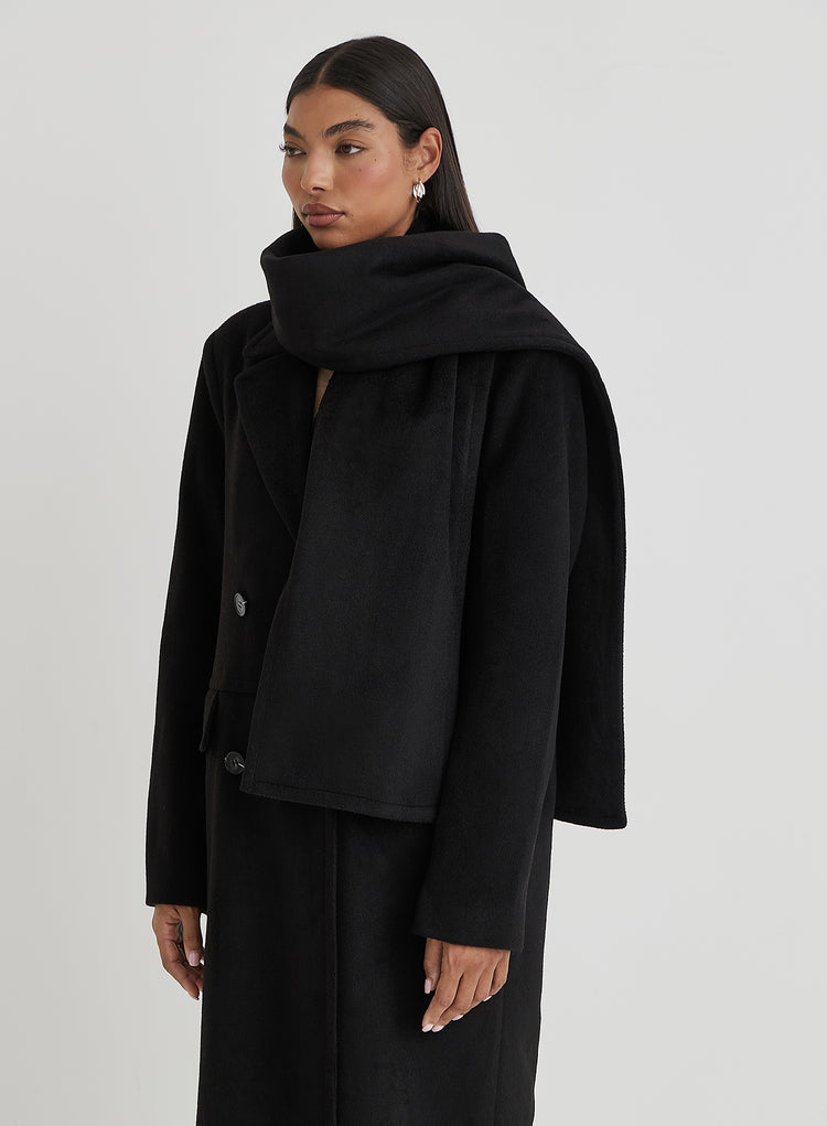 Black Tailored Maxi Coat With Scarf- Melia