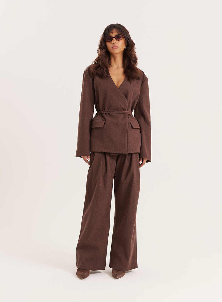 Chocolate Herringbone Tie Belt Wide Leg Trousers - Luca