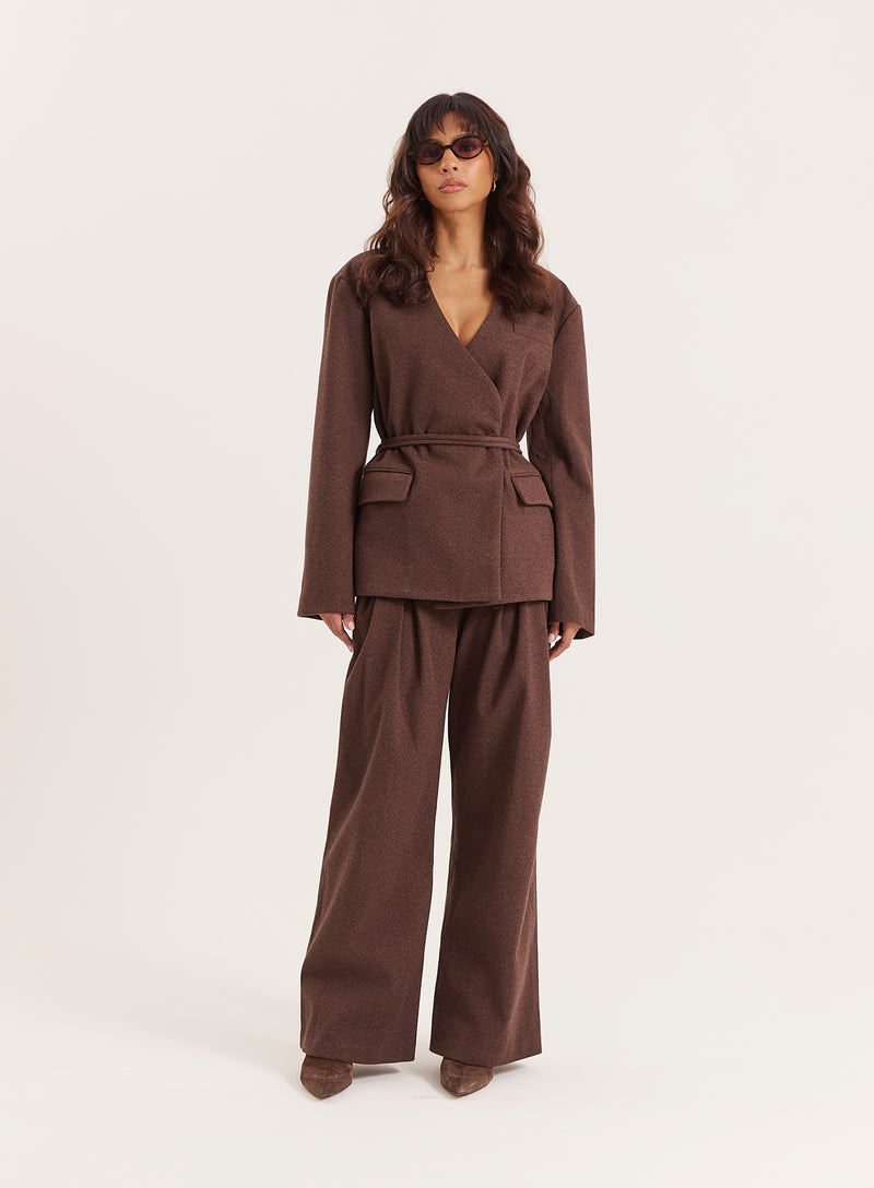 Chocolate Herringbone Tie Belt Wide Leg Trousers - Luca