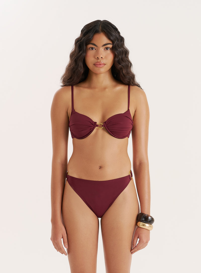 Burgundy Gold Buckle Underwired Bikini Top- Mayci