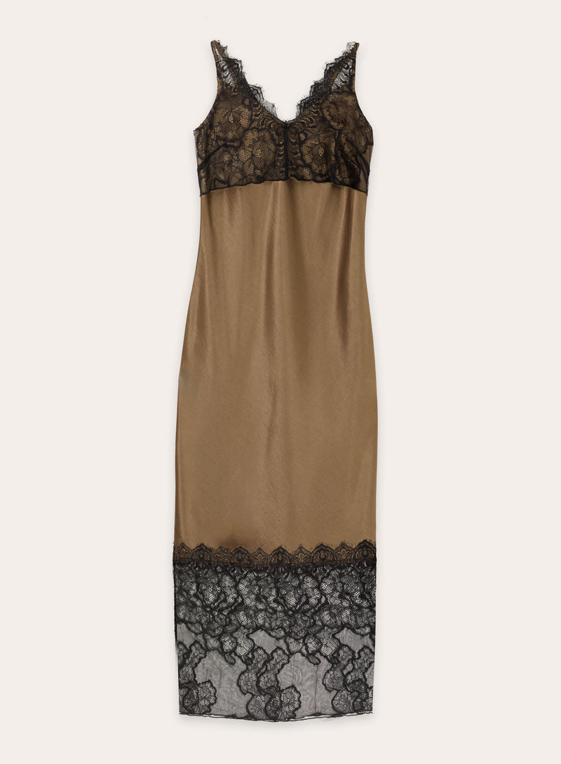 Khaki Satin Lace Trim Maxi Dress