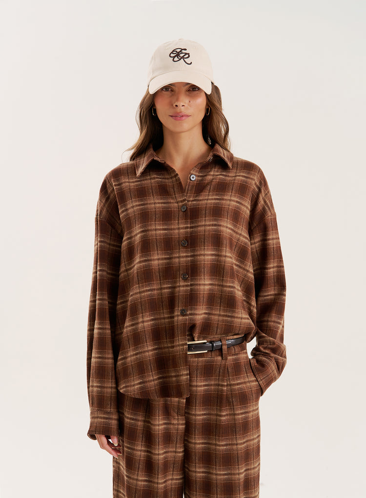 Brown Check Printed Oversized Shirt- Tove