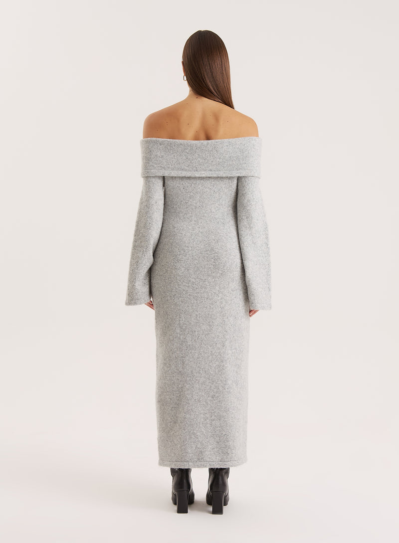 Grey Off Shoulder Knitted Maxi Dress- Sable