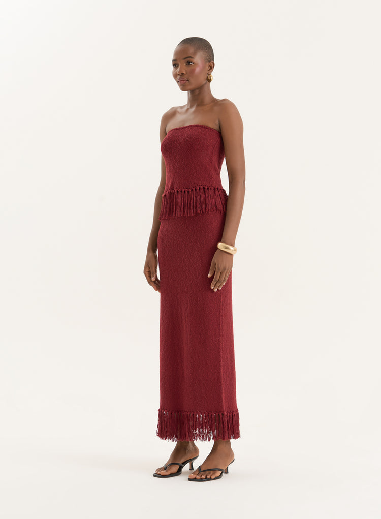 Burgundy Tassel Trim Knitted Maxi Skirt- Gabby