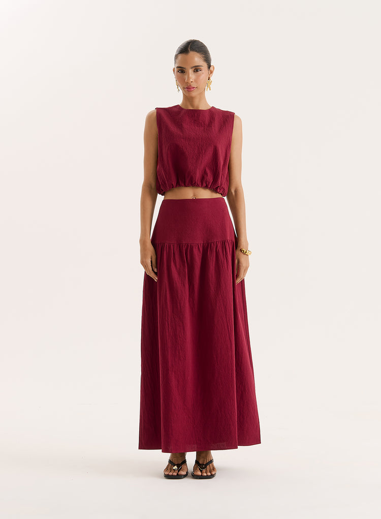 Burgundy Cotton Drop Waist Maxi Skirt- Selene
