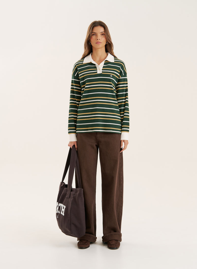 Green Striped Contrast Collar Rugby Top- Chelsea
