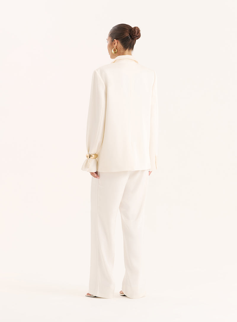 Cream Satin Tailored Straight Leg Trousers- Camille