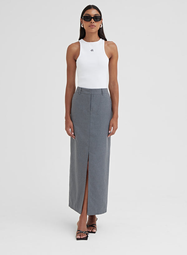 Grey Pinstripe Split Front Midi Skirt – Grayson
