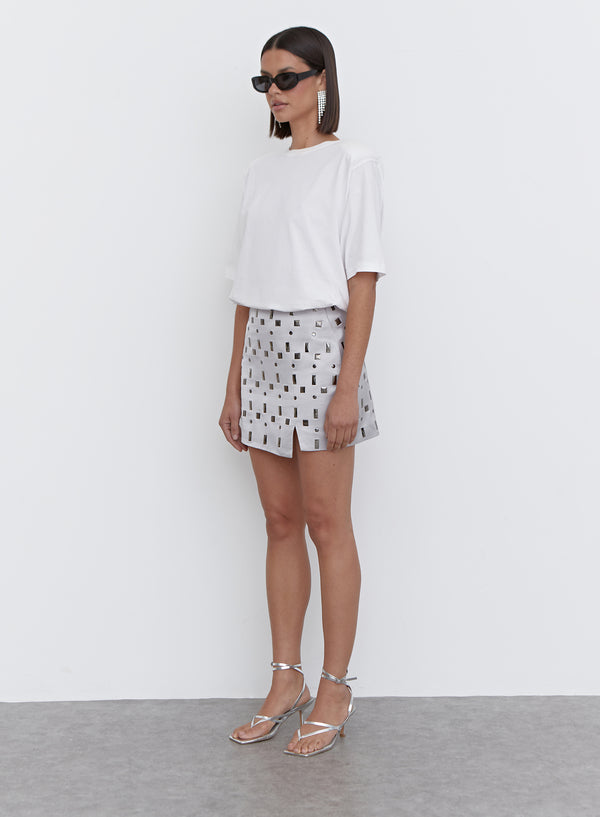 Silver Embellished Faux Leather Mini Skirt - Daphne