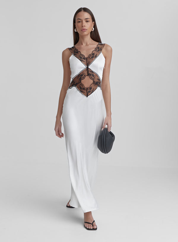 White Satin Lace Slip Dress- Kelsey