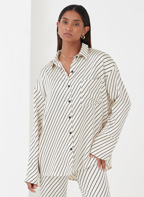 Norma Diagonal Stripe Satin Shirt Cream - 1 - 4th&Reckless