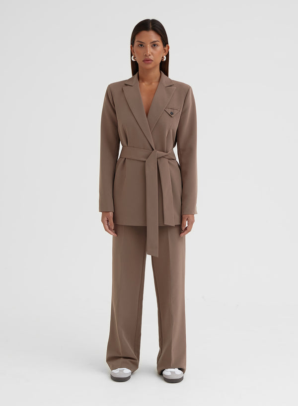 Mocha Brown Belted Wide Leg Trousers – Jessica