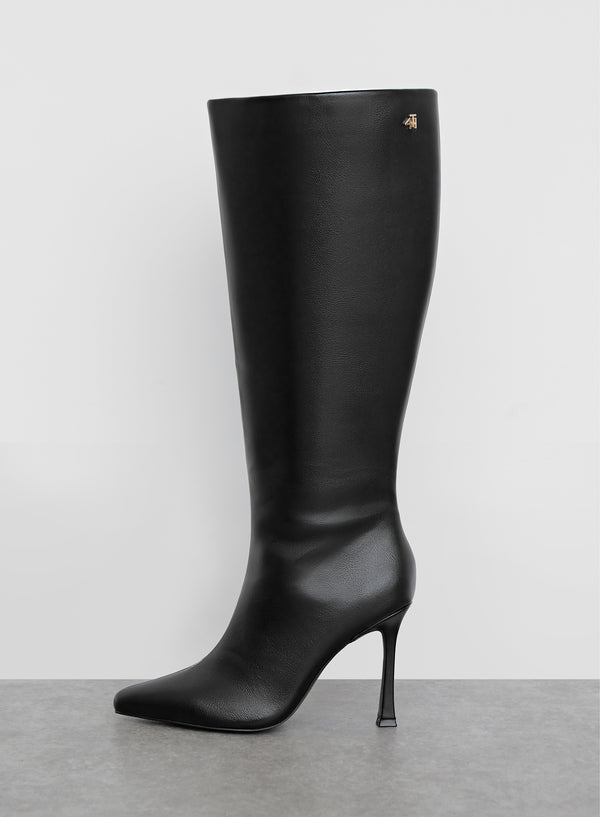 Black Faux Leather Knee High Heeled Boot - Amelie