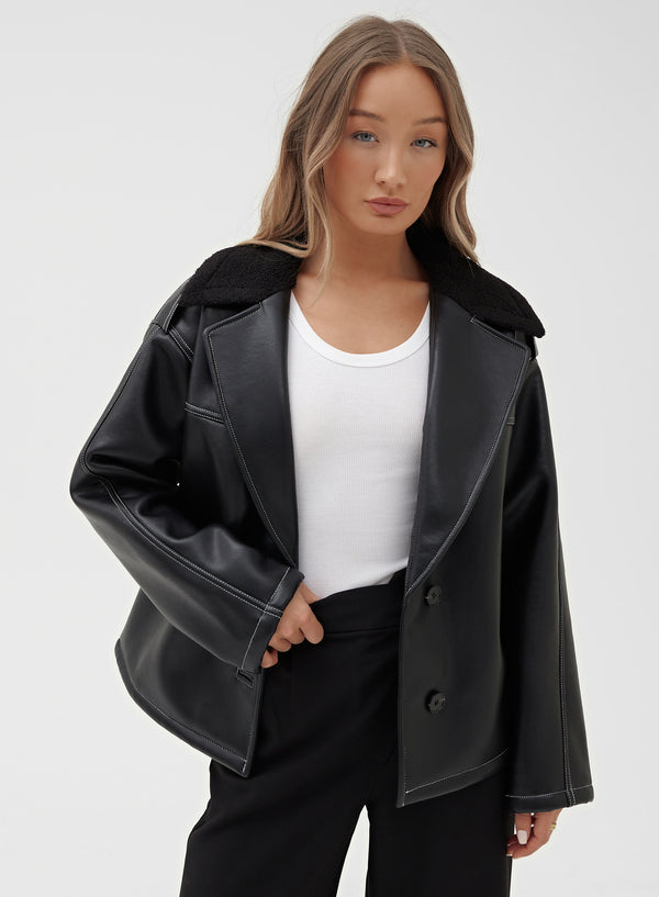Black Faux Leather Shearling Jacket - Campbell