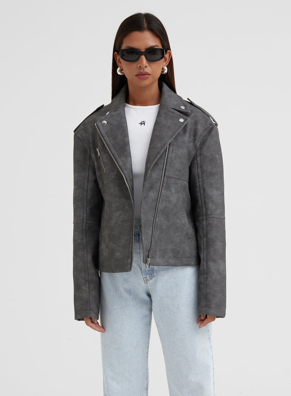 Grey Washed Faux Leather Biker Jacket – Moto